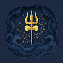 Elegant golden Shiva Trishul with Damru drum on a dark blue background. Layered paper cut style illustration with smoke and celestial elements for Mahashivratri and spiritual design.