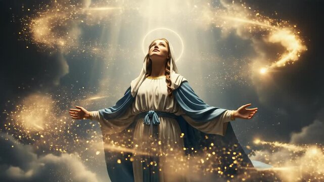 The Blessed Virgin Mary embodies the sacred concept of Immaculate Conception, radiating divine light and heavenly grace through a spiritual blessing from above