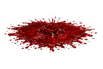 Blood red liquid splattering, forming a puddle and crown splash, impacting a surface, transparent background