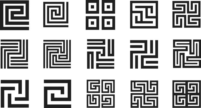 Greek Key Pattern Square Motifs Geometric Maze Designs Black and White meander