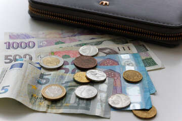 Close-up of Czech crowns and Euro banknotes and coins lying on a white table and an wallet in the background. Close up of Czech and European money. Concept for adoption of Euro in Czechia