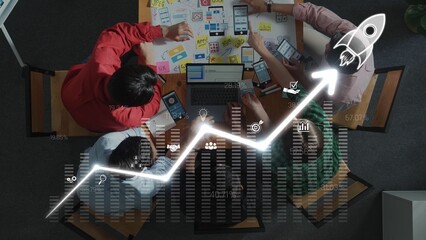 A group of professionals collaborates on business strategy using digital tools in a modern office. The image shows growth visualization and teamwork in action. Raster