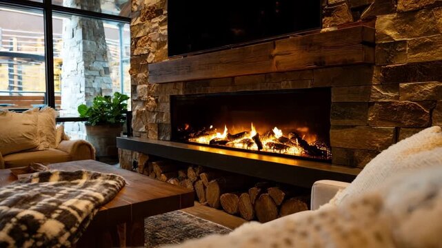 Electric fireplace setup in a lodges lounge area emphasizing clean installation and customizable flames for a safe hasslefree cozy environment.