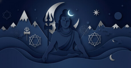 Serene meditation of Lord Shiva in a blue monochromatic paper cut style with crescent moon and trident under a starry night sky. Peaceful spiritual yoga and mindfulness concept illustration.