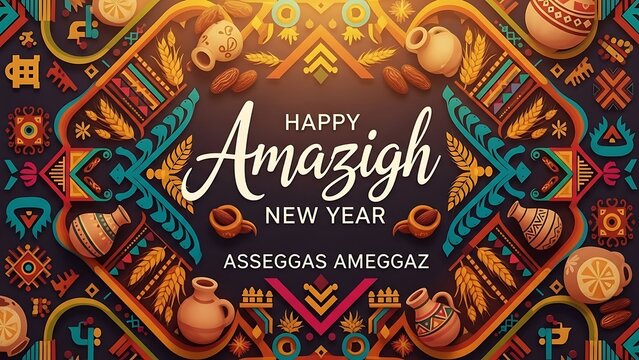 Happy Amazigh New Year Yennayer Greeting Card with Traditional Berber Symbols