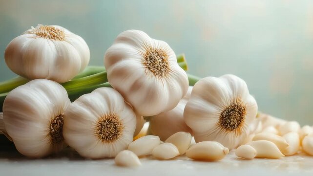 Garlic cloves and bulbs placed on a surface with soft lighting in an indoor setting during daytime hours