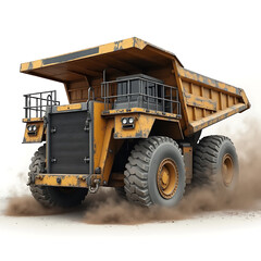 Heavy dump truck driving on construction site with dust clouds  