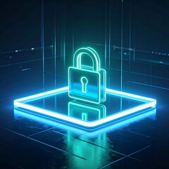 Glowing neon padlock on a futuristic platform with blue lights