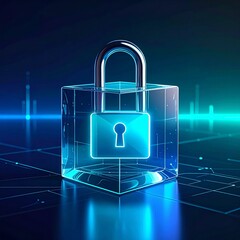 Digital padlock in a futuristic blue neon light cube security concept