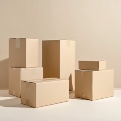Brown cardboard boxes stacked on white surface