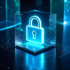 Glowing blue padlock in a transparent cube with neon lights