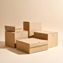 Brown cardboard boxes stacked on beige background