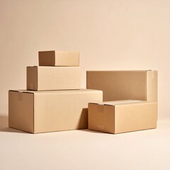 Stacked cardboard boxes in various sizes on beige background