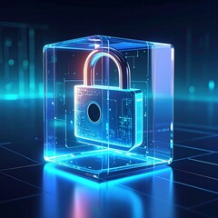 Digital padlock inside a transparent cube with blue neon lights