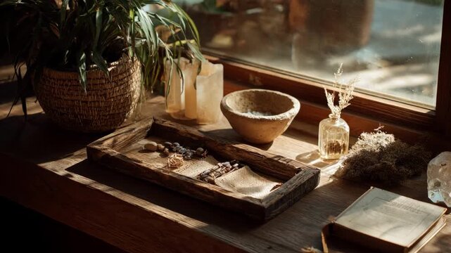 Medium frame of biodegradable worship items set on a wooden altar emphasizing compostable materials and environmentally responsible spiritual rituals under natural light.