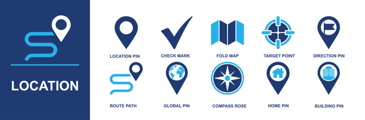 Location icon set: location pin, check mark, fold map, target point, direction pin, route path, global pin, compass rose, home pin, building pin and more. Solid vector icons