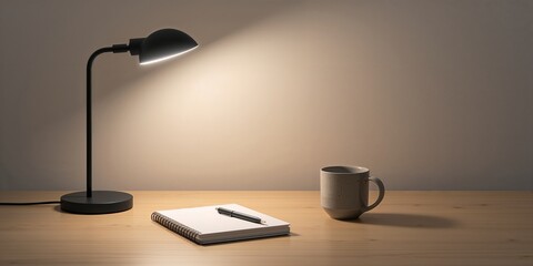 Desk lamp, notebook, and coffee cup on wooden table