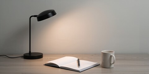 A desk with a lamp, notebook, and coffee cup setup