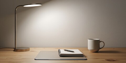 A desk with a lamp, notebook, and coffee cup