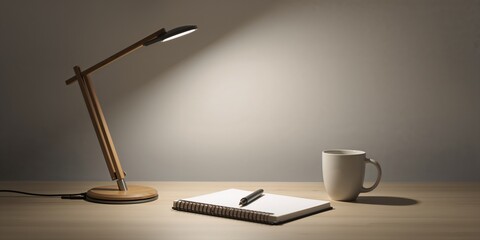 A desk lamp shines on a notebook and coffee cup
