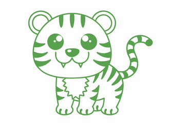 Obraz premium Cute green outline cartoon tiger is smiling with stripes and tiny fangs showing