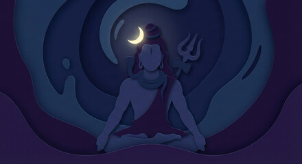 Serene meditation of Lord Shiva in a blue monochromatic paper cut style with crescent moon and trident under a starry night sky. Peaceful spiritual yoga and mindfulness concept illustration.