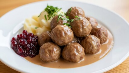 Delicious plate of Swedish meatballs with mashed potatoes and lingonberry sauce garnished with parsley