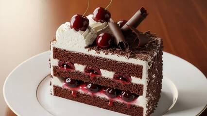 Delicious slice of Black Forest cake with whipped cream and cherries on a white plate