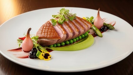 Delicious sliced duck breast presented with vibrant green pea puree and delicate garnishes on a white plate