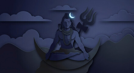 Serene meditation of Lord Shiva in a blue monochromatic paper cut style with crescent moon and trident under a starry night sky. Peaceful spiritual yoga and mindfulness concept illustration.