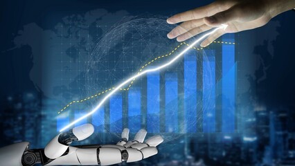 A captivating image showing a human hand reaching toward a robotic hand against a backdrop of data visualization, symbolizing technological growth and collaboration. Copula