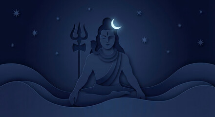 Serene meditation of Lord Shiva in a blue monochromatic paper cut style with crescent moon and trident under a starry night sky. Peaceful spiritual yoga and mindfulness concept illustration.