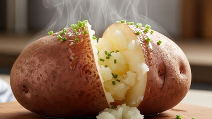 Deliciously prepared hot baked potato with fresh chives and melting butter steaming invitingly