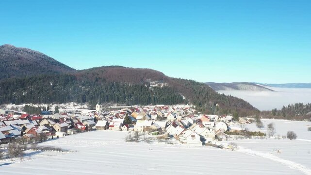 Panoramic view of town of Delnice in Gorski kotar in Croatia in winter
