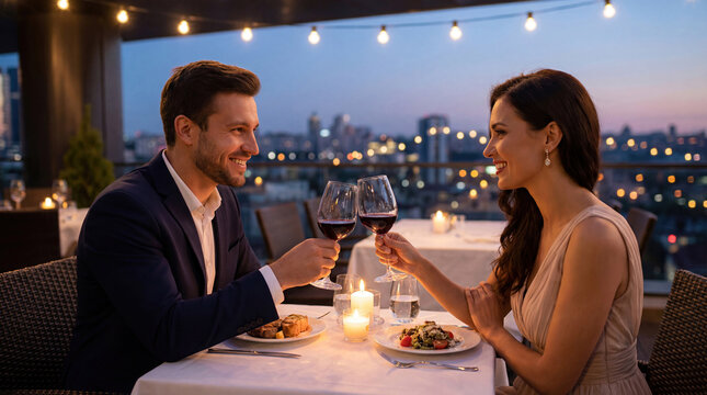 Romantic dinner on terrace with couple toasting wine glasses, candles, city view at night. Elegant outdoor restaurant, young smiling man and woman, evening date. Horizontal banner or promo poster.