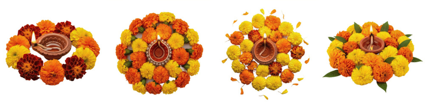 diwali diya with marigold flowers, isolated clay oil lamp with orange yellow floral rangoli, indian festival deepavali decor, hindu celebration, png on white