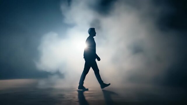 Silhouette man walking through foggy light toward dramatic backlight with moody foggy atmosphere