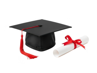 Black Graduation Cap with Red Tassel and Rolled Diploma Tied with Red Ribbon