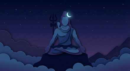 Serene meditation of Lord Shiva in a blue monochromatic paper cut style with crescent moon and trident under a starry night sky. Peaceful spiritual yoga and mindfulness concept illustration.