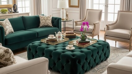 Elegant living room interior featuring a deep green tufted ottoman and matching sofa with plush seating arrangements