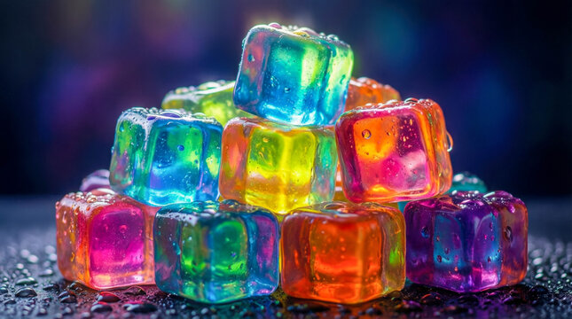 Bright multicolored translucent blocks stacked together. Macro photography on a dark reflective surface with neon light and moisture. - Powered by Adobe