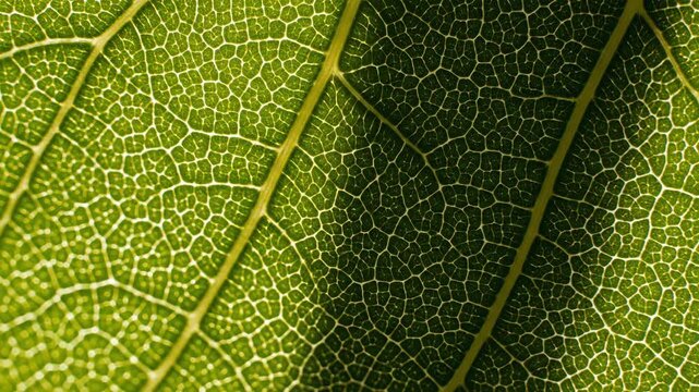 Extreme Macro Close-Up of a Vibrant Green Leaf Vein Structure Showing Intricate Cellular Patterns Illuminated by Natural Sunlight Creating a Detailed Organic Texture Background