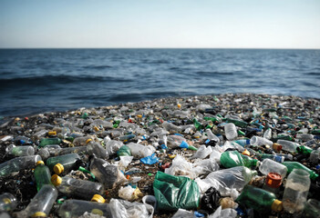 ocean beach covered in plastic bottles and household garbage showing environmental impact of pollution and climate change on marine ecosystem and nature global issues crisis.