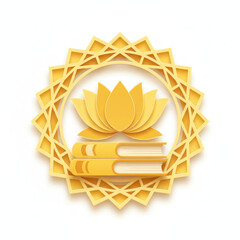 Minimalist golden open book with a blooming lotus flower in layered paper cut style. Concept of spiritual wisdom, ancient knowledge, yoga philosophy, and mindfulness education.