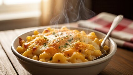 Hot steaming bowl of cheesy baked macaroni pasta with herbs and breadcrumbs on a wooden table