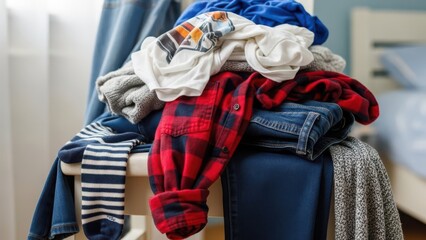 Pile of casual clothes including jeans sweaters shirts and socks on a chair