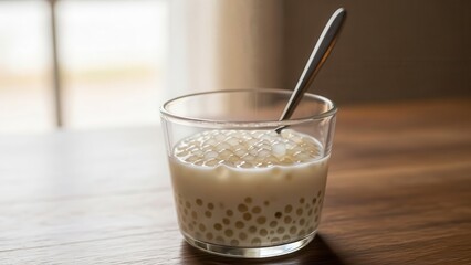 Refreshing tapioca pearls drink with milk in a clear glass with a spoon resting inside