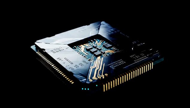 A futuristic square computer microchip materializing from golden and cyan circuit lines and sparks. The chip floats and rotates in a dark void. High-tech hardware concept