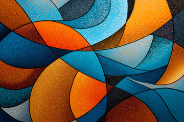 Abstract Blue and Orange Curved Shapes with Textured Stained Glass Style Pattern