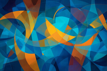 Abstract Blue and Orange Curved Shapes with Textured Stained Glass Style Pattern